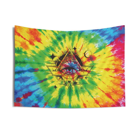 Celestial All-Seeing Eye Tapestry - Vibrant Tie-Dye Cosmic Design